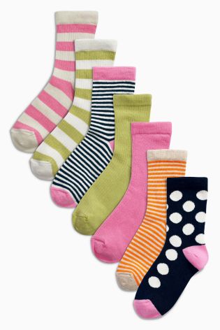 Multi Bright Spot And Stripe Socks Seven Pack (Older Girls)